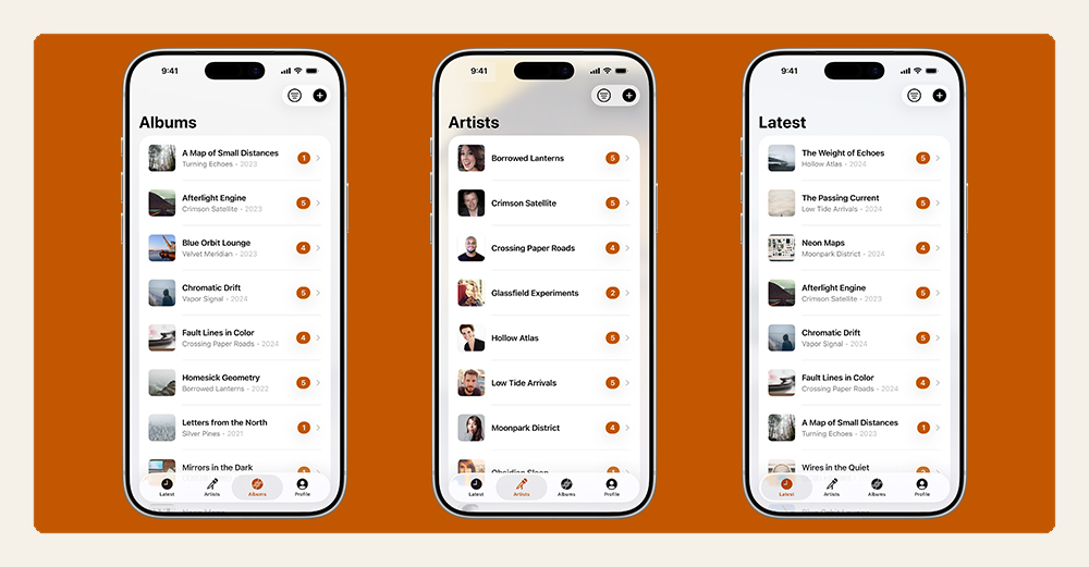 Spinyl Track iOS screens